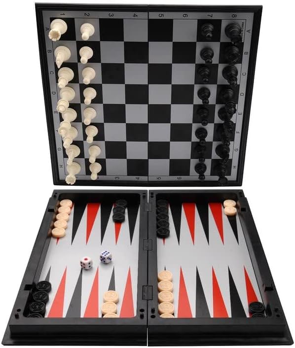 KAILE 3 in 1 Magnetic Chess Checkers Backgammon Set for Portabel Travel Chess Game with Folding Case 13"