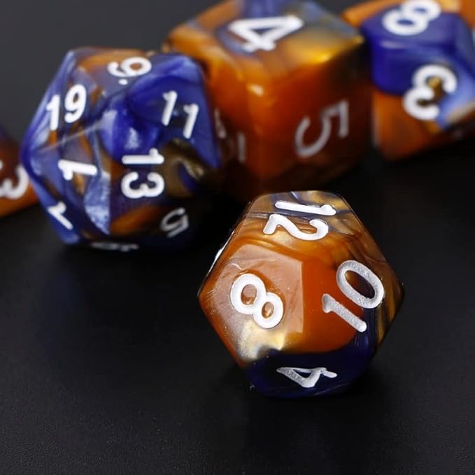 7pcs/Set D4 D6 D8 D10 D12 D20 Dichromatic Polyhedral Dices for Beginner Role Playing Game D&D Dice Set Party Table Board Game Supplies，with A Silver Pouch(BlueOrange)