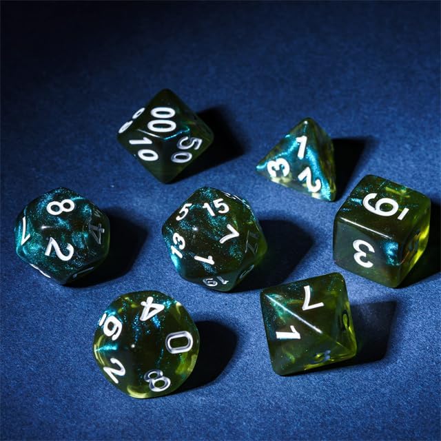 7-Die DND Dice Set Polyhedral Dice Set with a Leather Bag, D&D Dice Set for Dungeons and Dragons, RPG, MTG Table Games (T/Yellow Green)