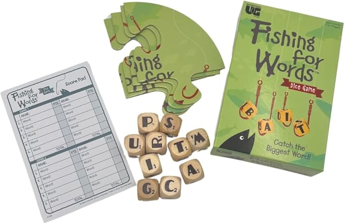 Fishing for Words, Dice Game, Word Game, Travel Game, Family Game, Bar Game, 2 to 4 players, ages 8 and up, Green