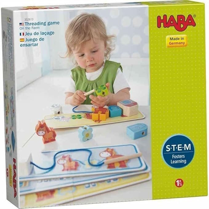 HABA On The Farm Wooden Lacing Toy & Fine Motor Skills Threading Game for Toddlers, Preschool Learning Toy for Ages 18 Months & Up with Wooden Lacing Figures & Templates – Made in Germany