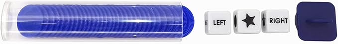 Left Right Center Dice Game Prime Set Bundle with 3 Dices + 36 Chips. Round Tube Storage is Very Convenient for Travel. Easy to Store, Carry Around. (Blue)