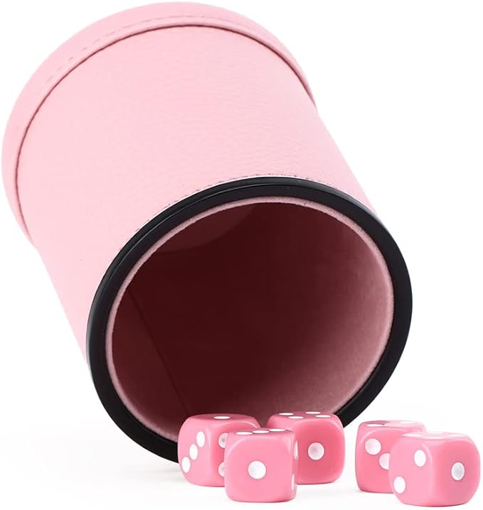 Pink Party Leather dice Cups, Including 5 Matching Pink dice - Pink Velvet Interior for Quiet Shaking - for Cheater dice Fakir Yahtzee Board Game