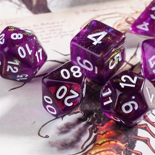 7-Die DND Dice Set Polyhedral Dice Set with a Leather Bag, D&D Dice Set for Dungeons and Dragons, RPG, MTG Table Games (T/Purple)