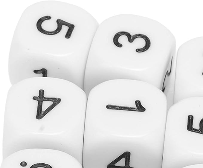 Number Dice, 20PCS Plastic 6 Sided Game Dice 16mm Round Corner Polyhedral Dice Set for Numeral Teaching Board Games (White)