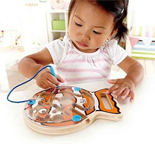Hape Go-Fish-Go Maze Puzzle Magnetic Wooden Bead Happy Clown Fish Educational Travel Toy Game for Toddlers and Kids, Orange and White