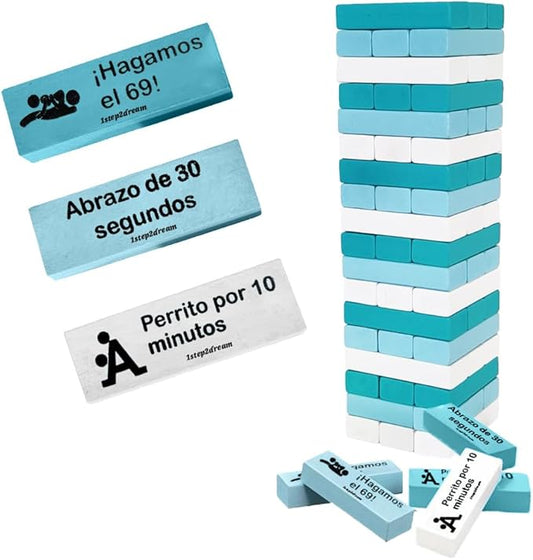 1step2dream Spanish Tease Tower Jenga for Couples, Español Block, Flirty Stacking Blocks for Date Night, Hot Tumbling Tower with Naughty Tasks, Romantic Wooden Game