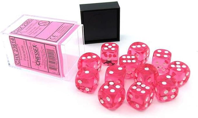 Chessex Polyhedral Translucent 12-Die Set, 16mm 6D Pink/White Dice for Dungeons and Dragons (DND), Role Playing Games, MTG, Pathfinder, Table Game, Board Games