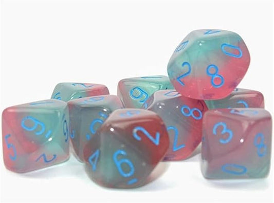 Gel Green and Pink Gemini Luminary Dice with Light Blue Numbers D10 16mm (5/8in), Oxi-Copper Marble, Pack of 10