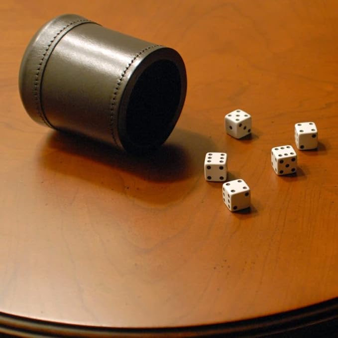 WE Games Professional, Handmade Dark Brown Leather Dice Cup Set - 5 Dice & Cloth Carry Bag