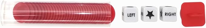 Left Right Center Dice Game Prime Set Bundle with 3 Dices + 36 Chips. Round Tube Storage is Very Convenient for Travel. Easy to Store, Carry Around. (Red)