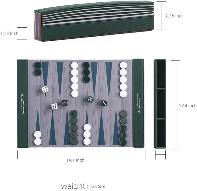 Backgammon Set for Adults, Travel Backgammon Set, Wrinkle-Resistant Foldable Chess and Checkers, Fun Outdoor Games for Family and Friends, Ideal Travel Game Set (Grass Green)