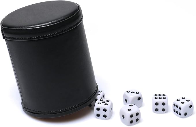 Felt Lined PU Leather Dice Cup Set with 6 Dot Dices (Black, Pack of 1)