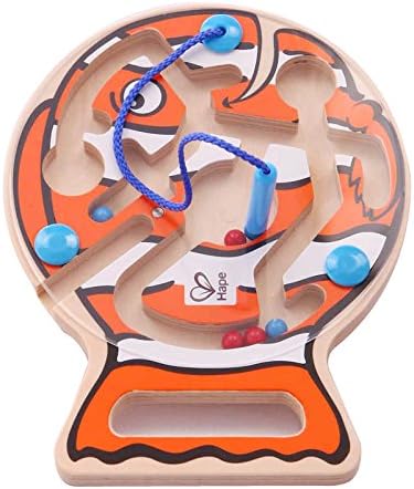 Hape Go-Fish-Go Maze Puzzle Magnetic Wooden Bead Happy Clown Fish Educational Travel Toy Game for Toddlers and Kids, Orange and White