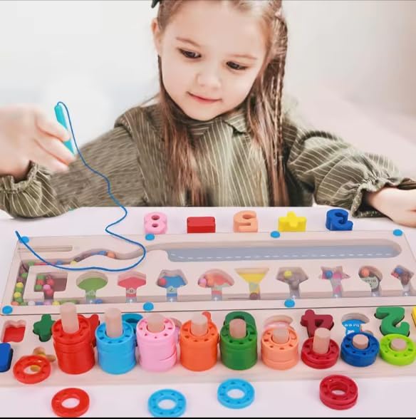 3 in 1 Magnetic Color and Number Maz3-in-1 Montessori Magnetic Maze Toy Wooden Number, Color & Shape Sorting Puzzle Preschool Math Learning & Counting Toy for Toddlers