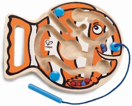 Hape Go-Fish-Go Maze Puzzle Magnetic Wooden Bead Happy Clown Fish Educational Travel Toy Game for Toddlers and Kids, Orange and White