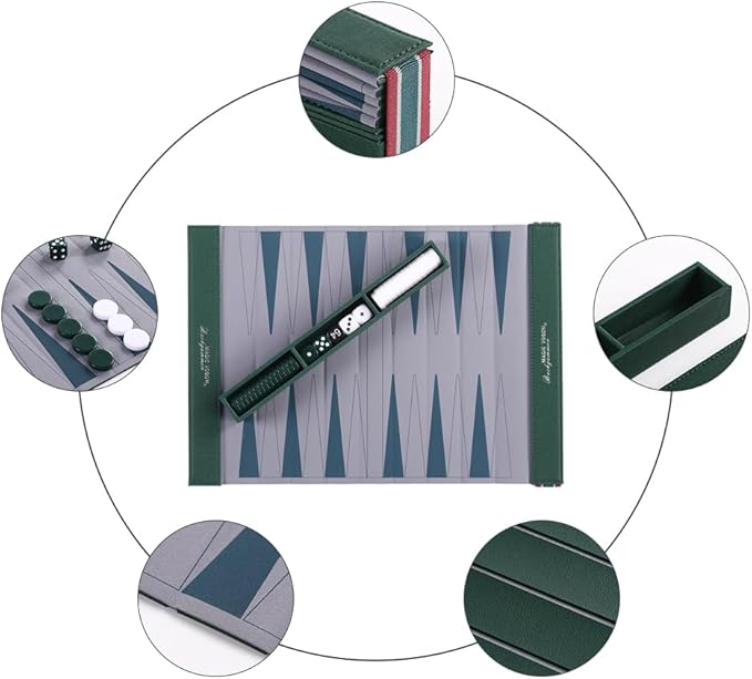 Backgammon Set for Adults, Travel Backgammon Set, Wrinkle-Resistant Foldable Chess and Checkers, Fun Outdoor Games for Family and Friends, Ideal Travel Game Set (Grass Green)