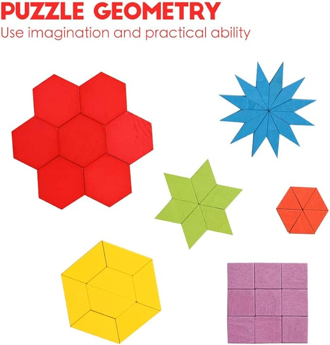 JCREN Wooden Pattern Blocks Montessori Toys Shape Puzzles Kindergarten Classic Educational Tangram Geometric Brain Teaser Toys Best STEM for Kids Ages 4-8 with 24 Pcs Design Cards