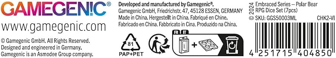 Gamegenic Embraced Series RPG Dice Set | Set of 7 Dice in a Variety of Sizes Designed for Roleplaying Games | Premium Quality Resin Dice with Unique Thematic Polar Bear Design | Made by Gamegenic