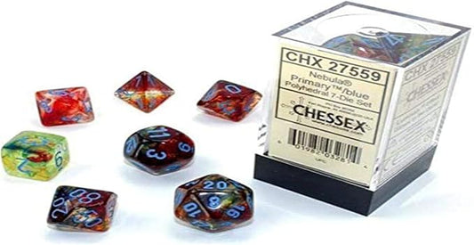 Chessex Nebula Polyhedral Dice Set Primary with Blue Luminary (7 dice)