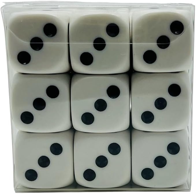 Large 25mm D6 Jumbo Dice, Set of 27, White with Black Pips