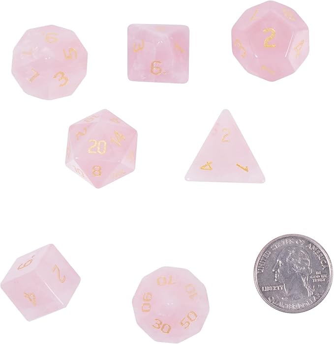 Nupuyai Healing Rose Quartz Crystal D&D Polyhedral Dice Set with Box for Dungeons and Dragons, Set of 7 Table Top Game Dice for RPG MTG Roleplaying Collection