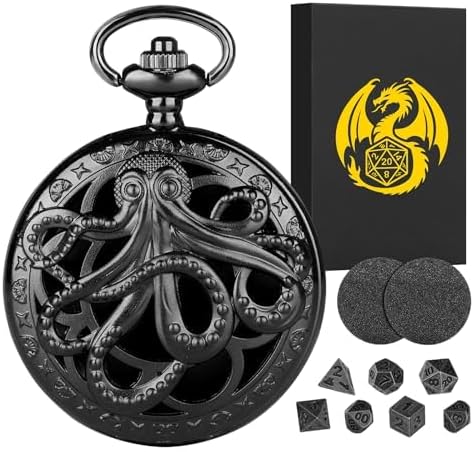 Mini DND Dice Set With Steampunk Hollow Octopus Pocket Watch Shell Case, 7pcs Polyhedral Metal Dice Set, D&D Gifts With Gift Box, Role Playing Board Games Accessories, Black