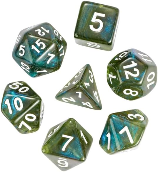 7-Die DND Dice Set Polyhedral Dice Set with a Leather Bag, D&D Dice Set for Dungeons and Dragons, RPG, MTG Table Games (T/Yellow Green)