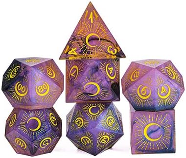 Cusdie Sharp Edges DND Dice, 7 PCs Moon Dice Set D&D Dice, Handcrafted Polyhedral Dice Set, for Role Playing Game Pathfinder(Moon/Purple Black)
