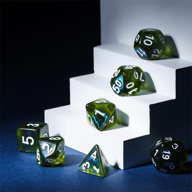 7-Die DND Dice Set Polyhedral Dice Set with a Leather Bag, D&D Dice Set for Dungeons and Dragons, RPG, MTG Table Games (T/Yellow Green)