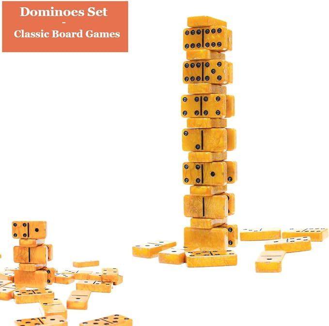 Dominos Set for Adults, Thick Domino, Double 6 Dominoes Set for Adults and Kids, 28 Marbleized Gold Tiles in Brown Leather Case, Travel Domino's Game Set
