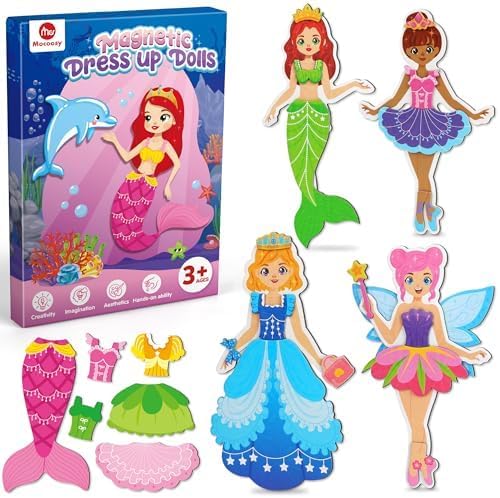 Mocoosy Magnetic Dress Up Dolls for Girls, Princess Mermaid Fairy Ballerina Magnet Dolls Dress Up Kits, Travel Game Car Road Trip Airplane Activity Toys Birthday Gifts for Toddler Girls Ages 3 4 5 6 7