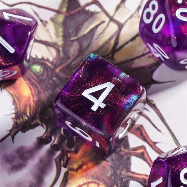7-Die DND Dice Set Polyhedral Dice Set with a Leather Bag, D&D Dice Set for Dungeons and Dragons, RPG, MTG Table Games (T/Purple)