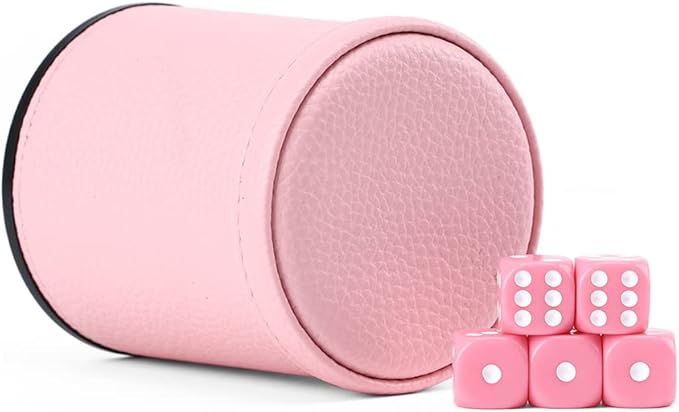 Pink Party Leather dice Cups, Including 5 Matching Pink dice - Pink Velvet Interior for Quiet Shaking - for Cheater dice Fakir Yahtzee Board Game