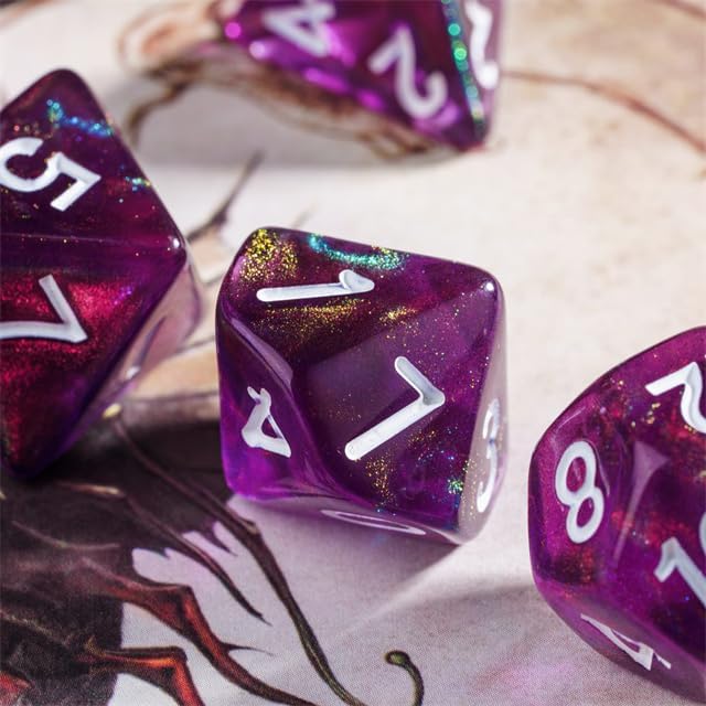 7-Die DND Dice Set Polyhedral Dice Set with a Leather Bag, D&D Dice Set for Dungeons and Dragons, RPG, MTG Table Games (T/Purple)