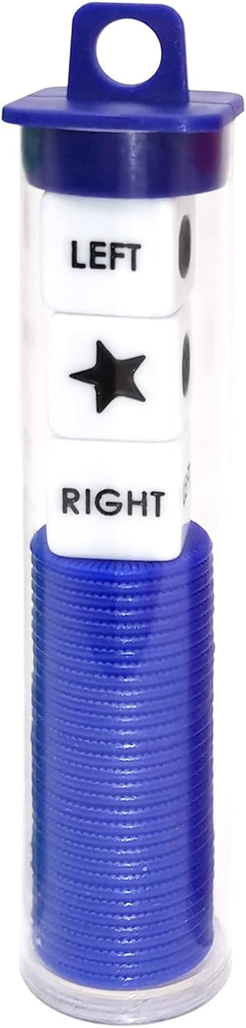 Left Right Center Dice Game Prime Set Bundle with 3 Dices + 36 Chips. Round Tube Storage is Very Convenient for Travel. Easy to Store, Carry Around. (Blue)