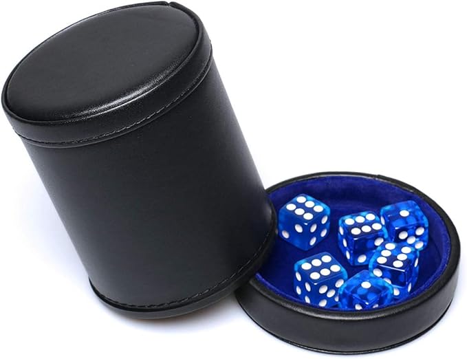 PU Leather Dice Cup with Lid, Blue Velvet Interior Quiet Dice Shaker Cup Including 6 BlueTranslucent Dice for Liars Dice/Farkle/Yahtzee Games, 1 Pack