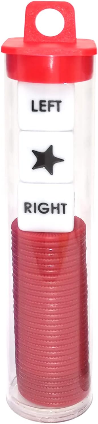 Left Right Center Dice Game Prime Set Bundle with 3 Dices + 36 Chips. Round Tube Storage is Very Convenient for Travel. Easy to Store, Carry Around. (Red)