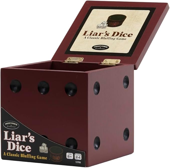 Front Porch Classics, Liar's Dice Game Set - The Classic Bluffing Game for 2 to 4 Players - Includes 4 Shaker Cups, 30 Dice, Dice Storage Bag and Wood Storage Case and easy Travel.