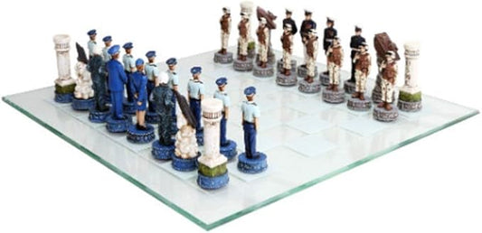 US Air Force vs Marines Military Chess Set Hand Painted with Glass Board