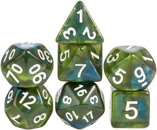 7-Die DND Dice Set Polyhedral Dice Set with a Leather Bag, D&D Dice Set for Dungeons and Dragons, RPG, MTG Table Games (T/Yellow Green)