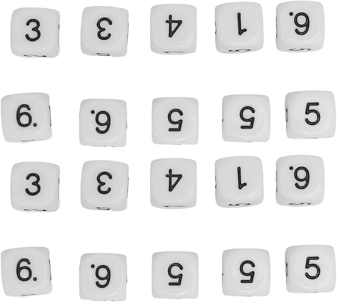 Number Dice, 20PCS Plastic 6 Sided Game Dice 16mm Round Corner Polyhedral Dice Set for Numeral Teaching Board Games (White)