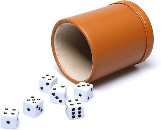 Leatherette Dice Cup Set, Camel Leather and Beige Velvet Interior Professional Dice Cup with 6 Black Dot Dice for Liars Dice Farkle Yahtzee Board Games, 1 Pack