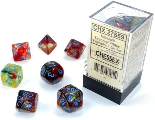 Chessex Nebula Polyhedral Dice Set Primary with Blue Luminary (7 dice)