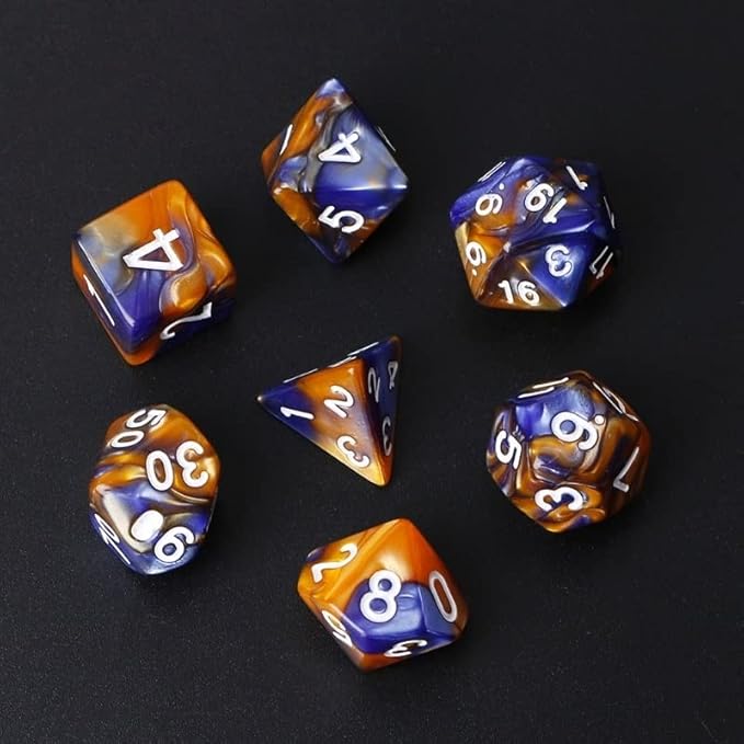 7pcs/Set D4 D6 D8 D10 D12 D20 Dichromatic Polyhedral Dices for Beginner Role Playing Game D&D Dice Set Party Table Board Game Supplies，with A Silver Pouch(BlueOrange)