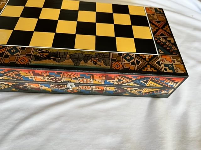 Illari Peru. Chess set Peruvian with storage box. Incas Vs Spanish Conquerors. Hand Painted Wooden. Small 7.8 x 7.8 inches. Medium10.2 x 10.2 inches. Large 15.8 x 15.8 inches.. (M, BLUE)