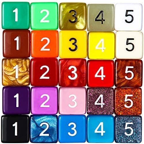 TecUnite 25 Pieces Colored Dice 6 Sided Dice Set, 6 Sided Standard Dices with Black Drawstring Storage Bag for Board Games, Parties, Math Learning, Classroom(Colorful,Number Style)