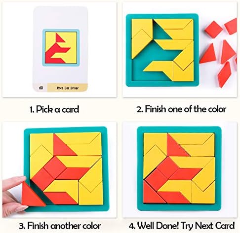 Tangram Puzzle Creative Pattern Logic Game for Age 6 to Adult Learn Logical Reasoning Skills Innovation Toys Educational Game Board Parent-Child Game Montessori Gift Toy for Kids 60pcs Cards