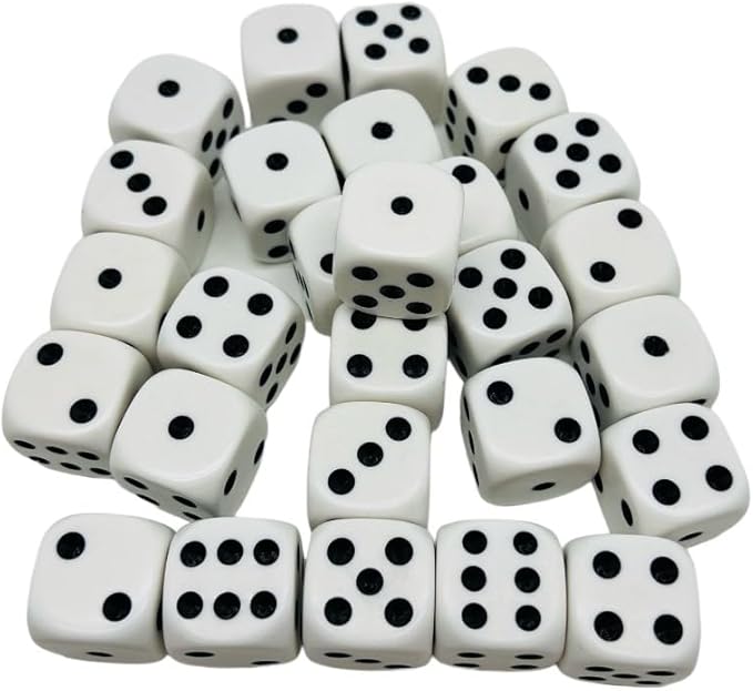 Large 25mm D6 Jumbo Dice, Set of 27, White with Black Pips