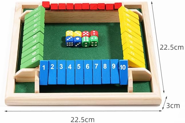 Wooden 4 Players Shut The Box Dice Game, 8 Inches 2-4 Player Family Wooden Board Table Math Games Classics Tabletop Version and Pub Board Game 8 Dices for Classroom,Home,Party or Pub